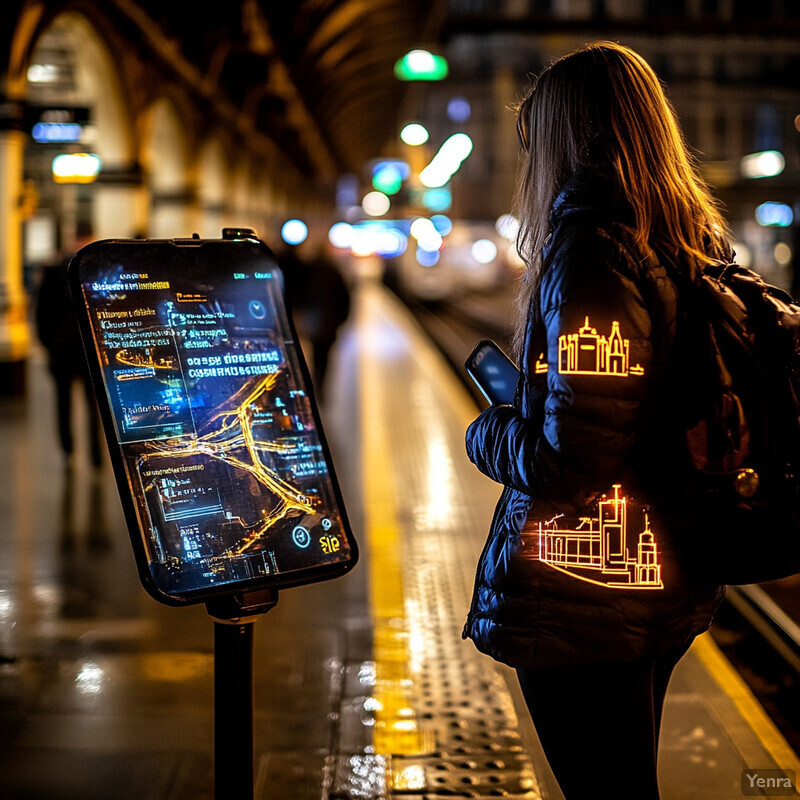 A woman waits on a train platform, checking the schedule and route on an electronic display screen.