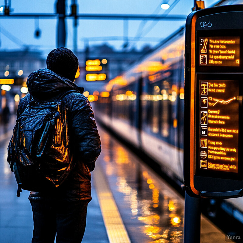 A man stands on a train platform, gazing at an electronic display board as he prepares for departure.