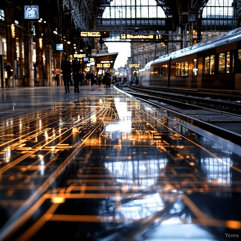 An indoor train station with a shiny black floor and gold lines, featuring a train in the background.