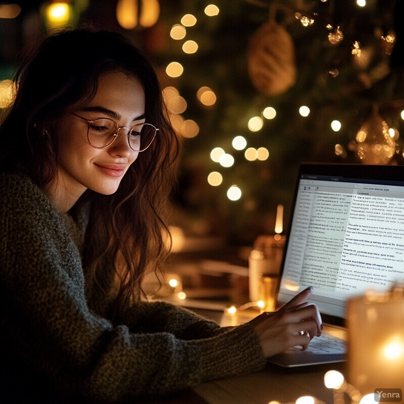 A woman is intently focused on her laptop screen, working or studying with a pen and paper nearby.