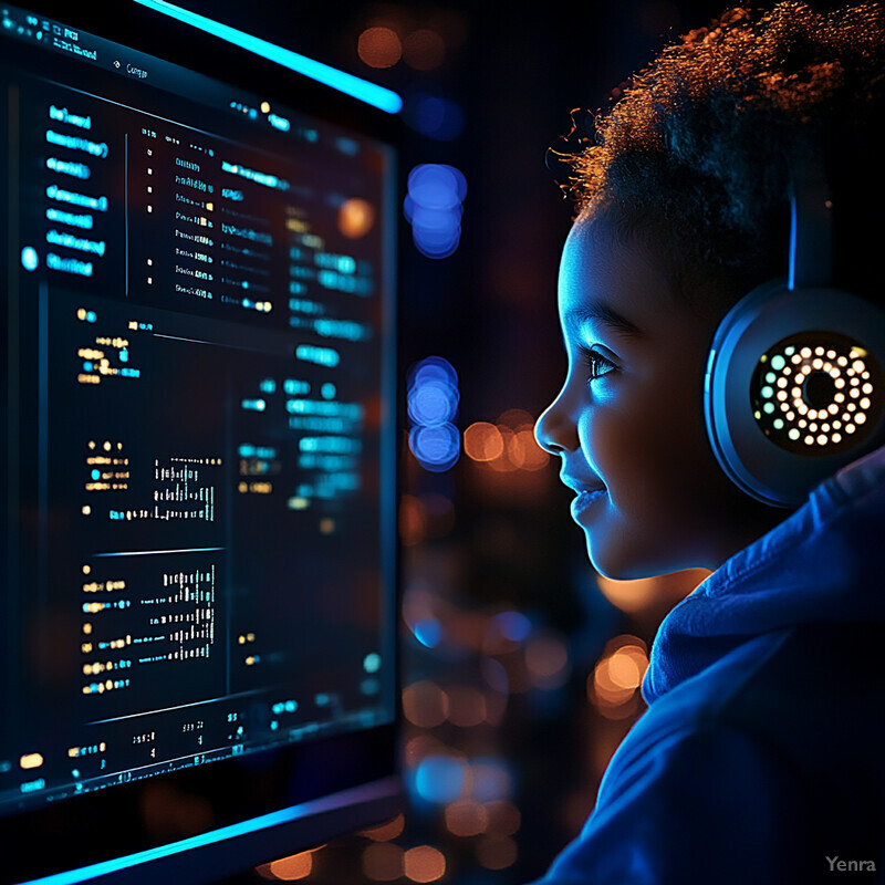 A young girl is intently focused on a computer screen, working on a project or assignment.