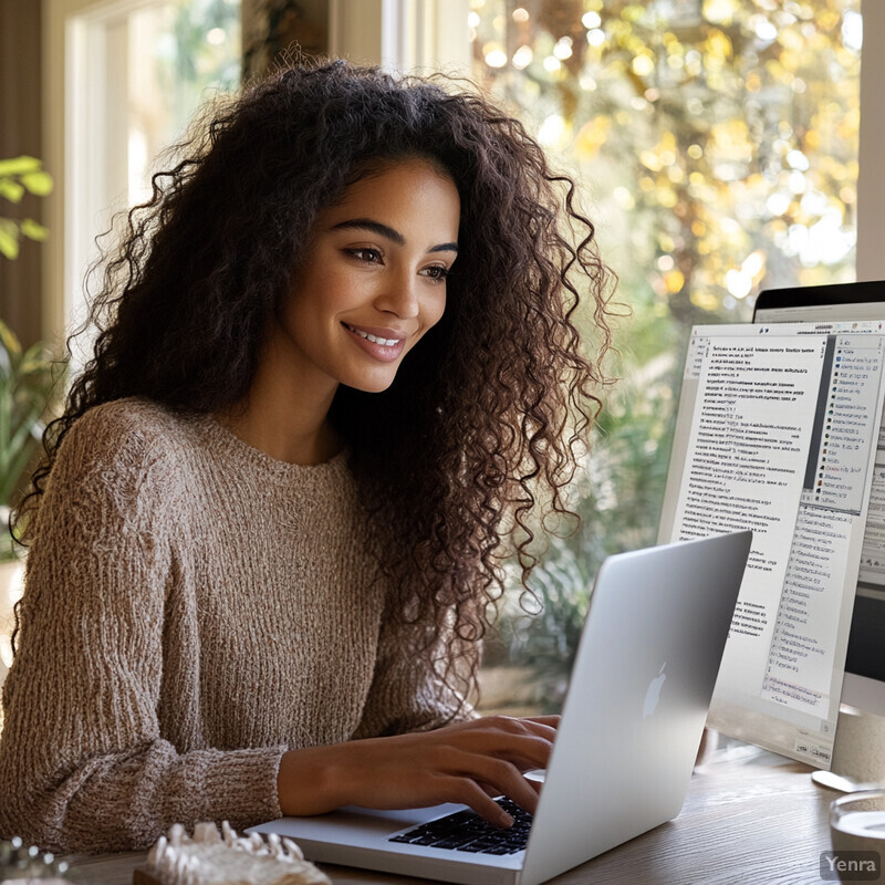 A woman works at her desk in front of two computer monitors.