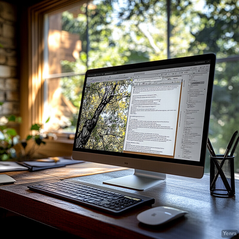 A computer monitor on a desk in front of a window with a view of trees outside.