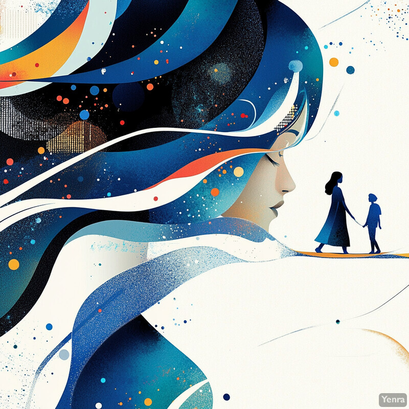 A woman with long blue hair and an abstract design on her head is depicted in the foreground, while two silhouettes of people walking are shown in the background.