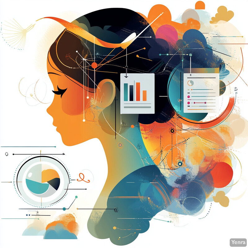 An abstract representation of Executive Functioning Aids featuring a woman's head and neck, surrounded by various shapes and symbols.