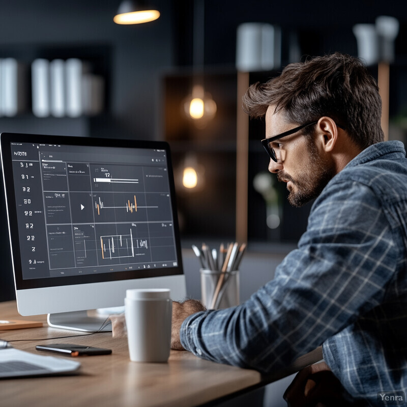 A man sits at a desk, gazing at a computer monitor displaying a spreadsheet or graph.