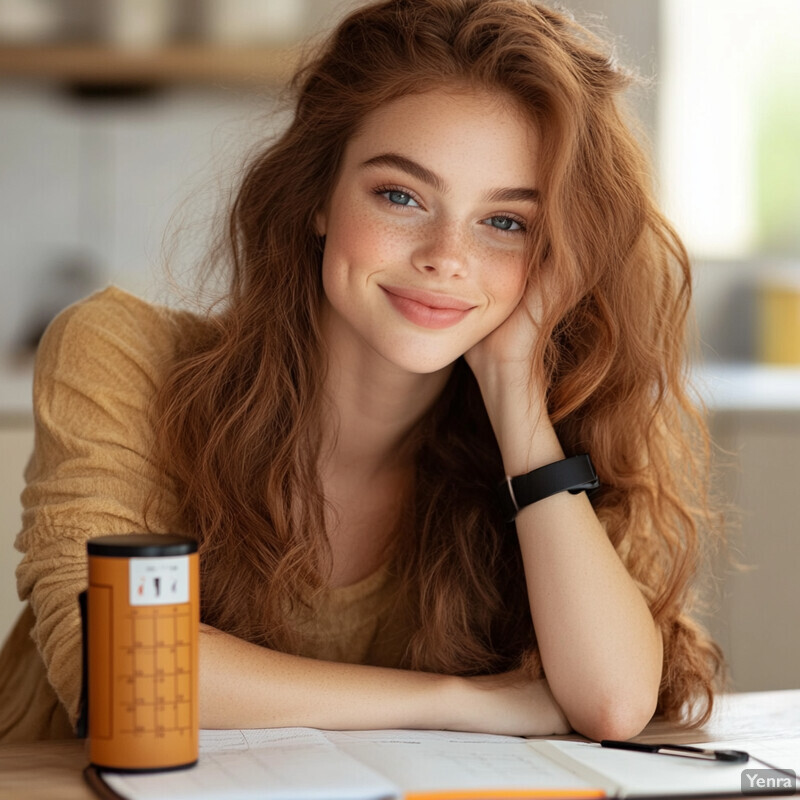 A young woman sits at a desk, surrounded by papers and objects, appearing to plan out her day or week.