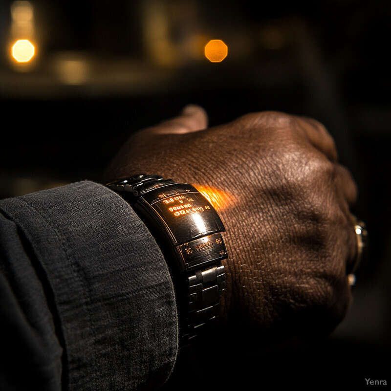 A close-up of a dark-skinned hand wearing a gold watch.