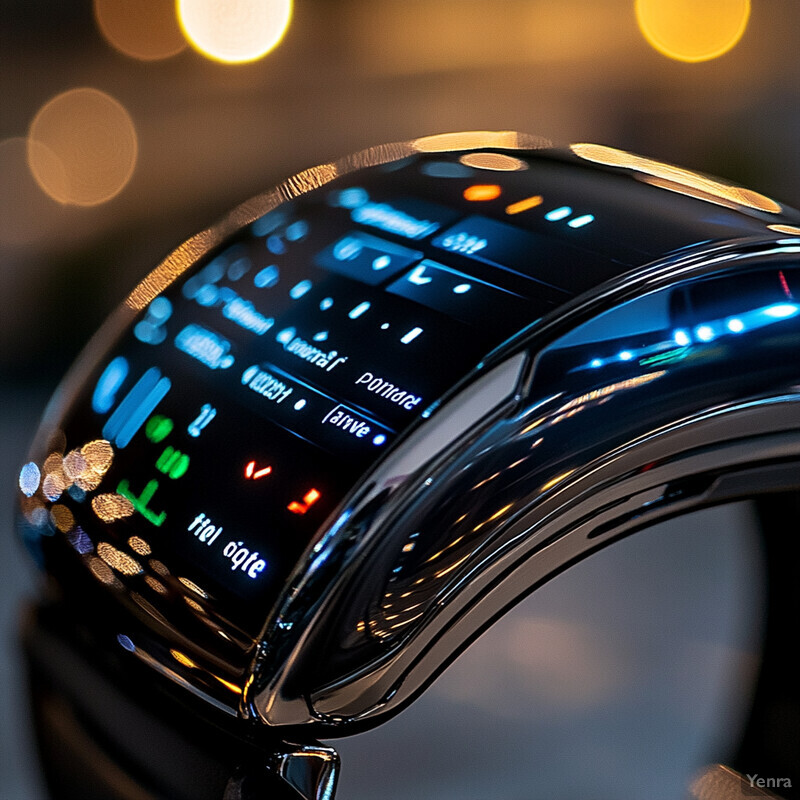 A close-up view of an electronic device with a curved screen and buttons, set against a blurred background.