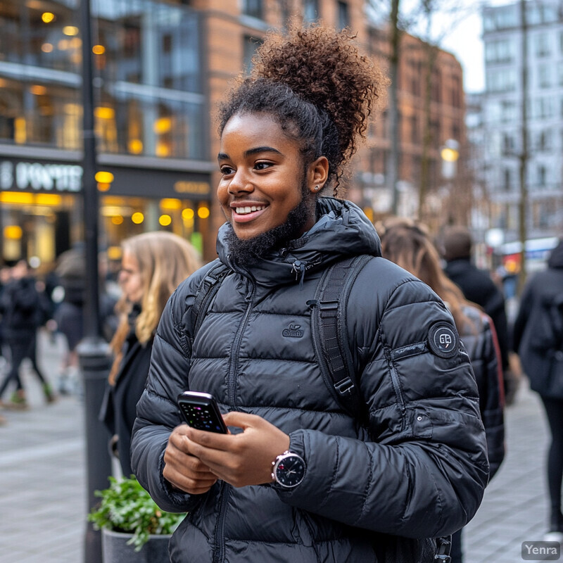 A young man with dark skin and curly brown hair is standing in an urban setting, looking at his phone while wearing a black puffer jacket.