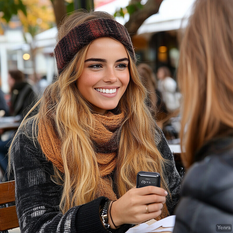 Two young women sit at an outdoor table, engaged in conversation and enjoying each other's company.