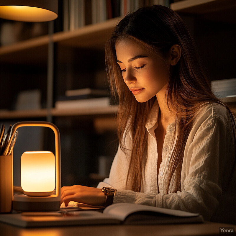 A young woman is intently focused on her work at a cluttered desk in what appears to be a home office.