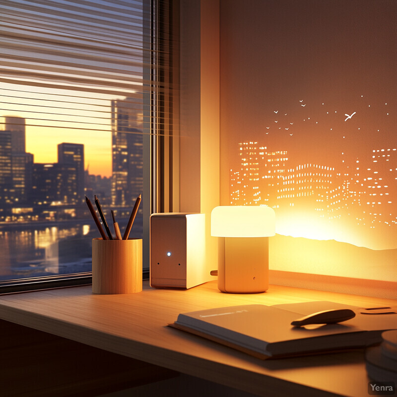 A cozy and organized workspace with a warm atmosphere, perfect for work or study.