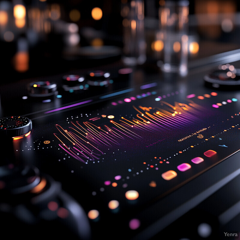 A sleek and modern DJ controller with a black surface, adorned with vibrant purple, orange, and pink accents.