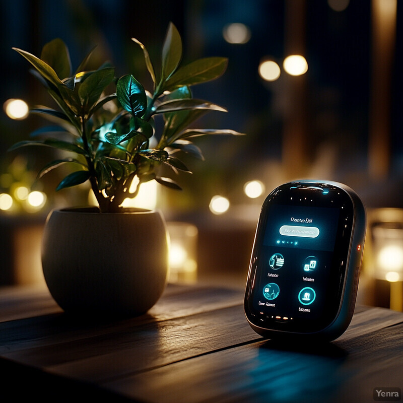 A Personalized Conversational Assistant device sits on a table next to a potted plant in a home setting.