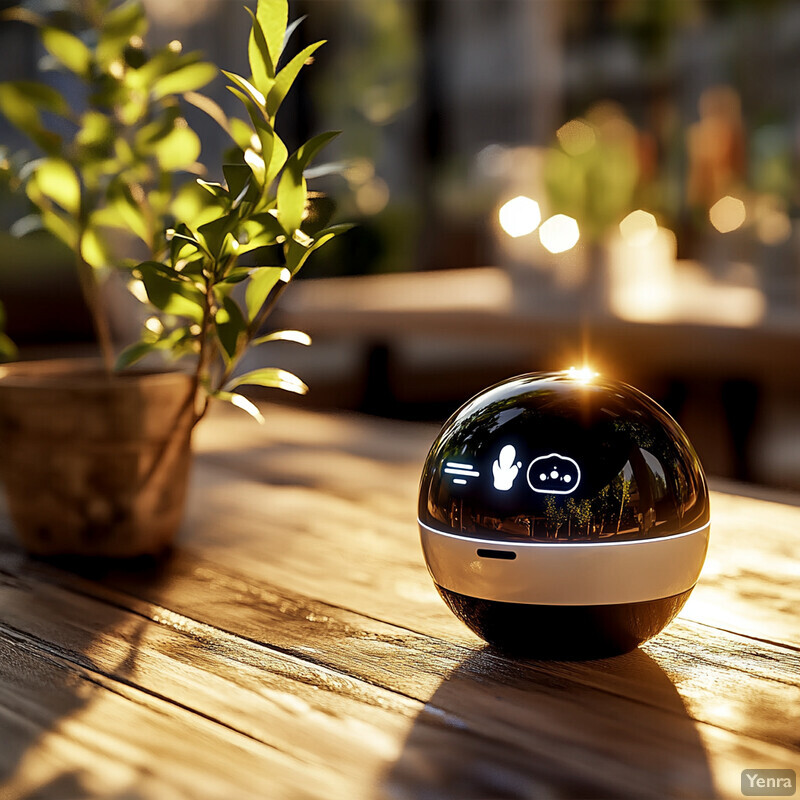 A small, spherical device with a reflective surface and white symbols sits on a wooden table or desk next to a potted plant in a blurred background.