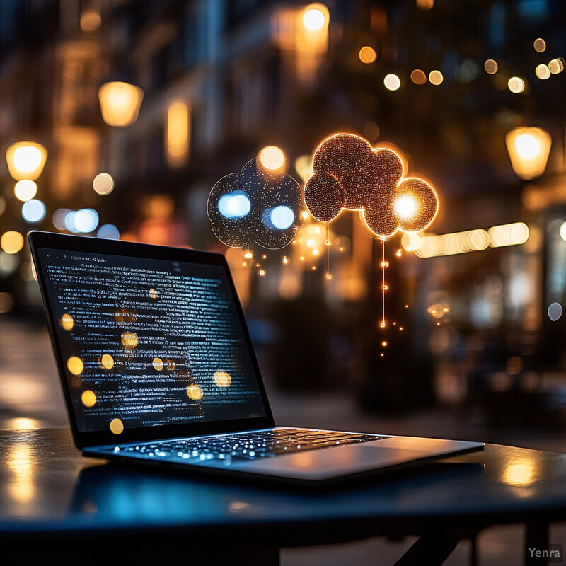 A laptop with a coding screen is set up on a table in an urban setting at night.