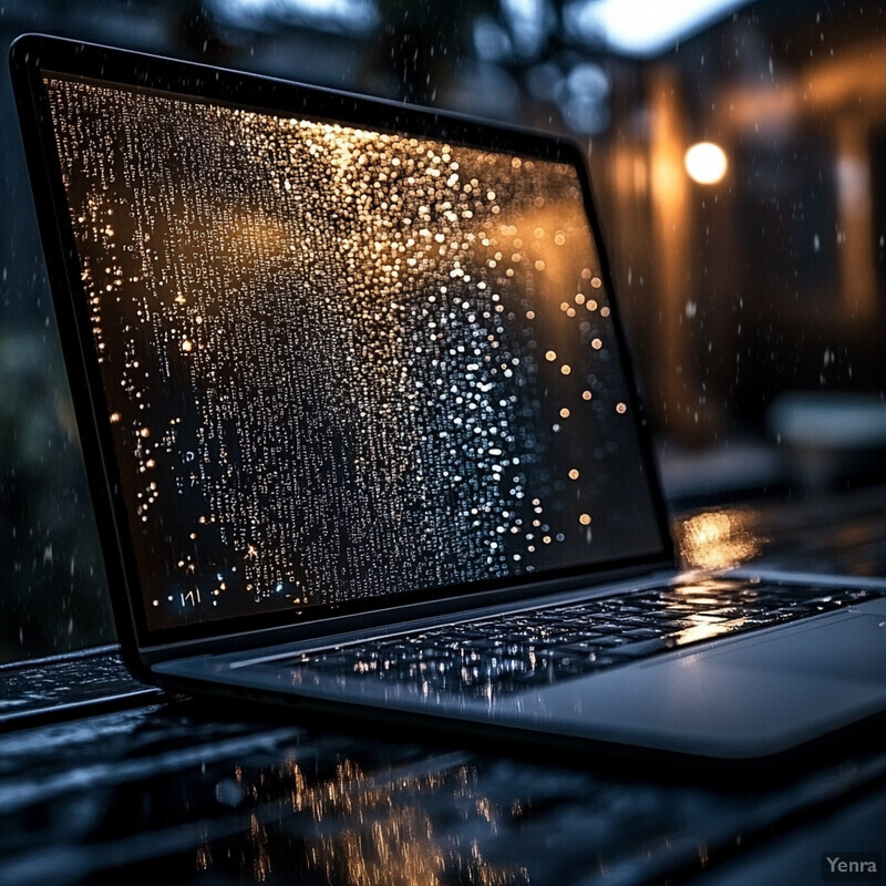 An open laptop computer on a surface with raindrop-like lights on the screen and a blurred background suggesting a rainy day.