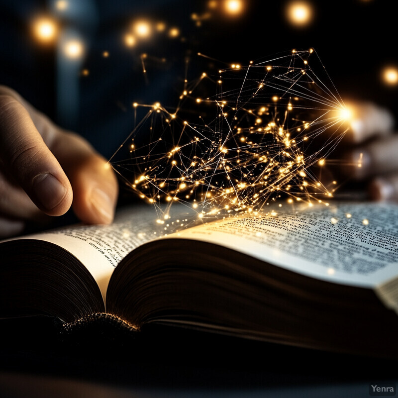 A person engrossed in reading a book, surrounded by dim lighting