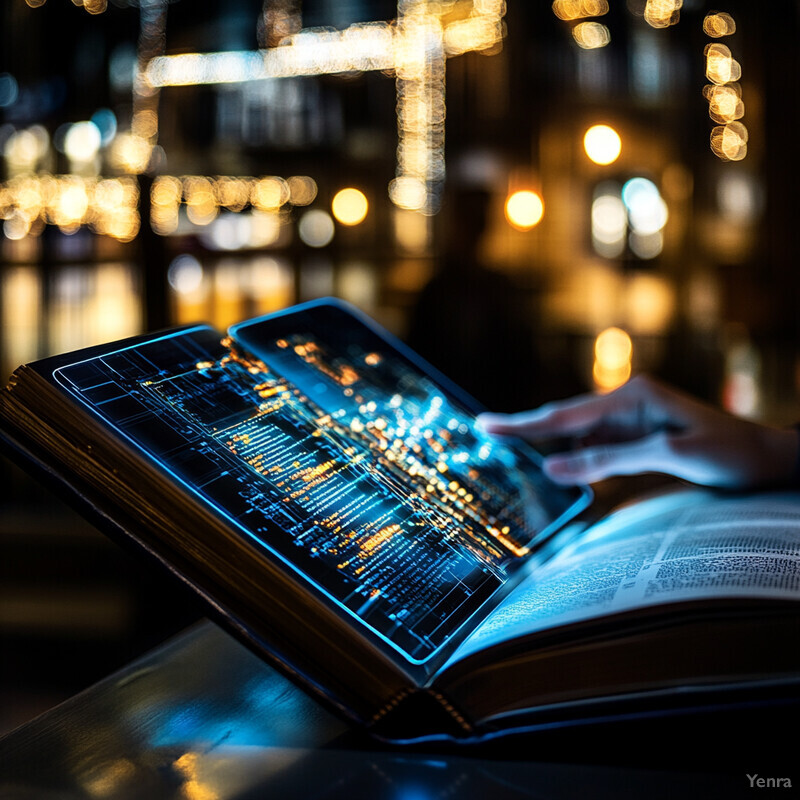 A person reads a book with a futuristic interface on its pages.