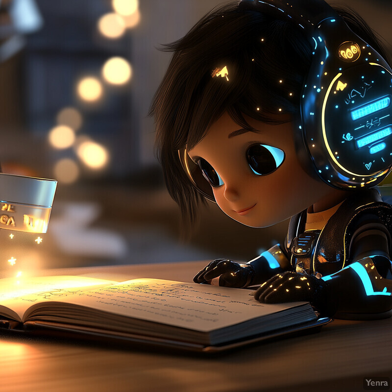 A young girl sits at a desk, intently focused on her reading material.