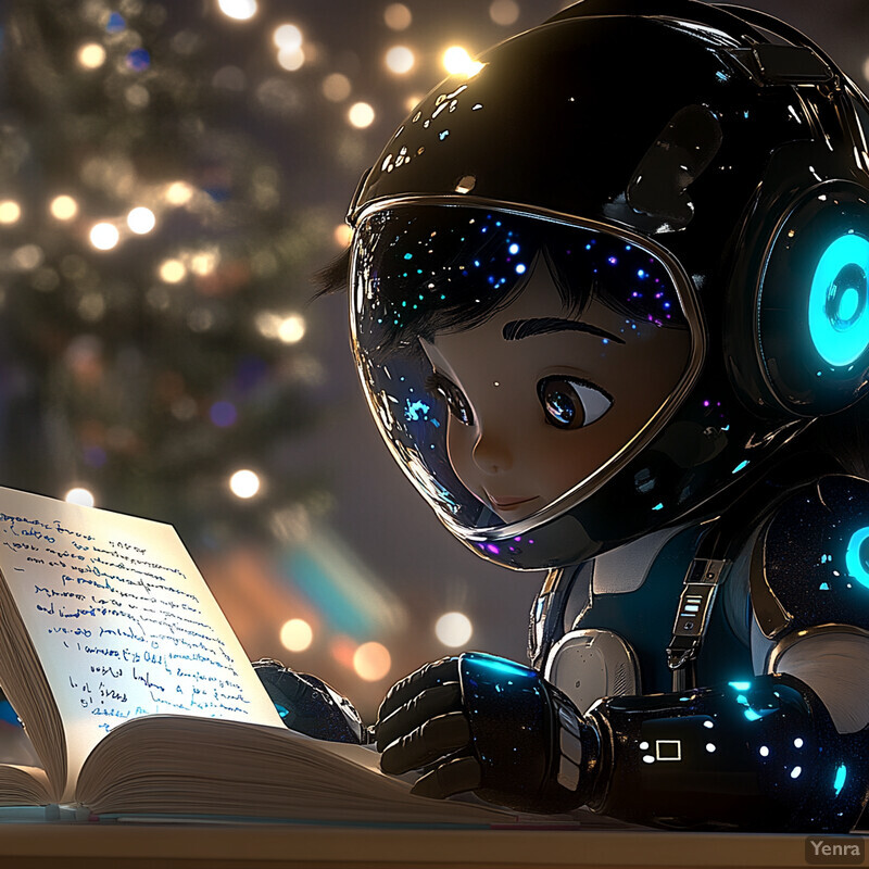 A young boy in an astronaut suit reads a book at a desk with a Christmas tree in the background.