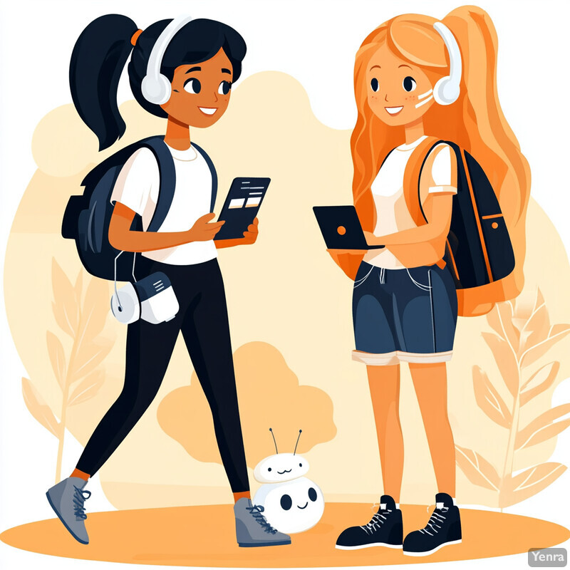 Two young women wearing headphones and carrying backpacks are engaged in a conversation while standing outdoors during the day.