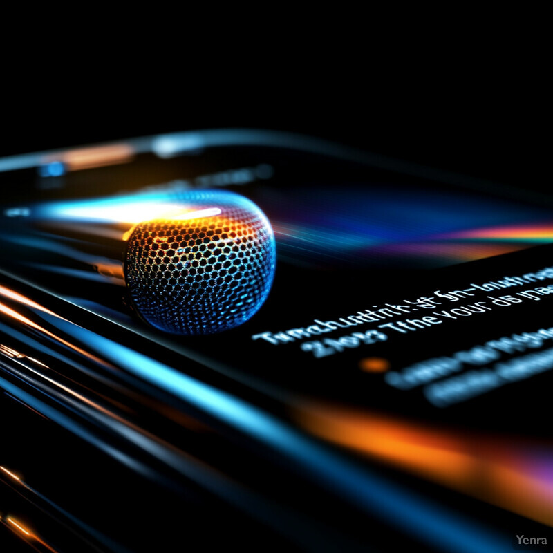 A close-up view of a microphone on a dark background, surrounded by colorful lines and shapes.