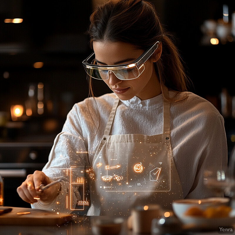 A woman is cooking or baking in a kitchen, wearing safety goggles and an apron.