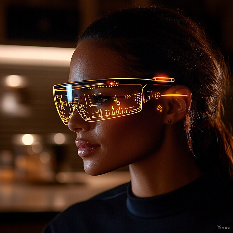 A woman wears futuristic AR glasses with glowing yellow lines and symbols in an industrial/lab setting.