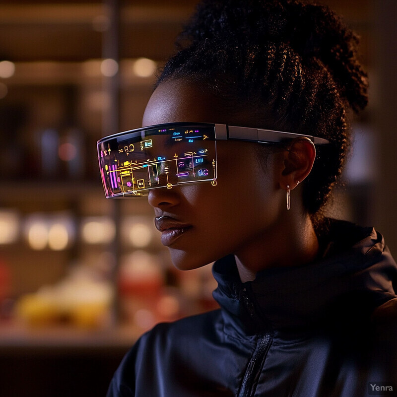 A woman wearing futuristic glasses with a transparent screen displaying symbols and icons in an office setting.