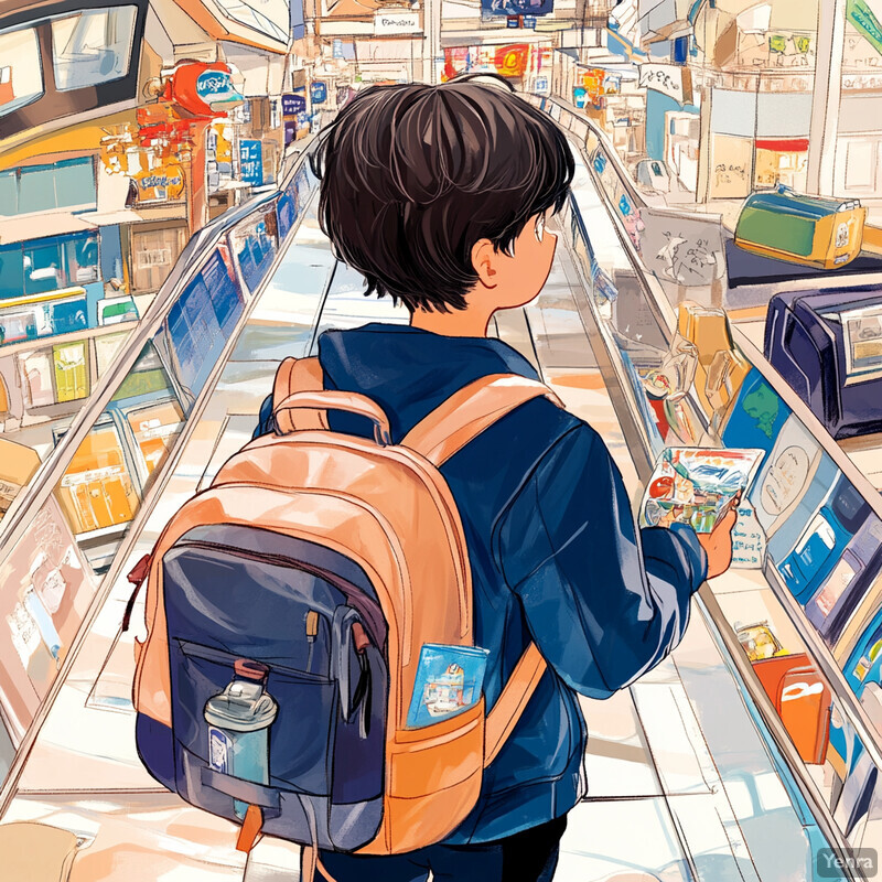 A young boy stands on an escalator in a grocery store, reading the packaging of a box of cereal or crackers.