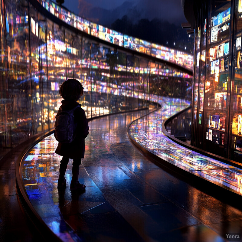 A young child stands in front of a large, colorful mural on a wall, taking in the sights and sounds of the city.