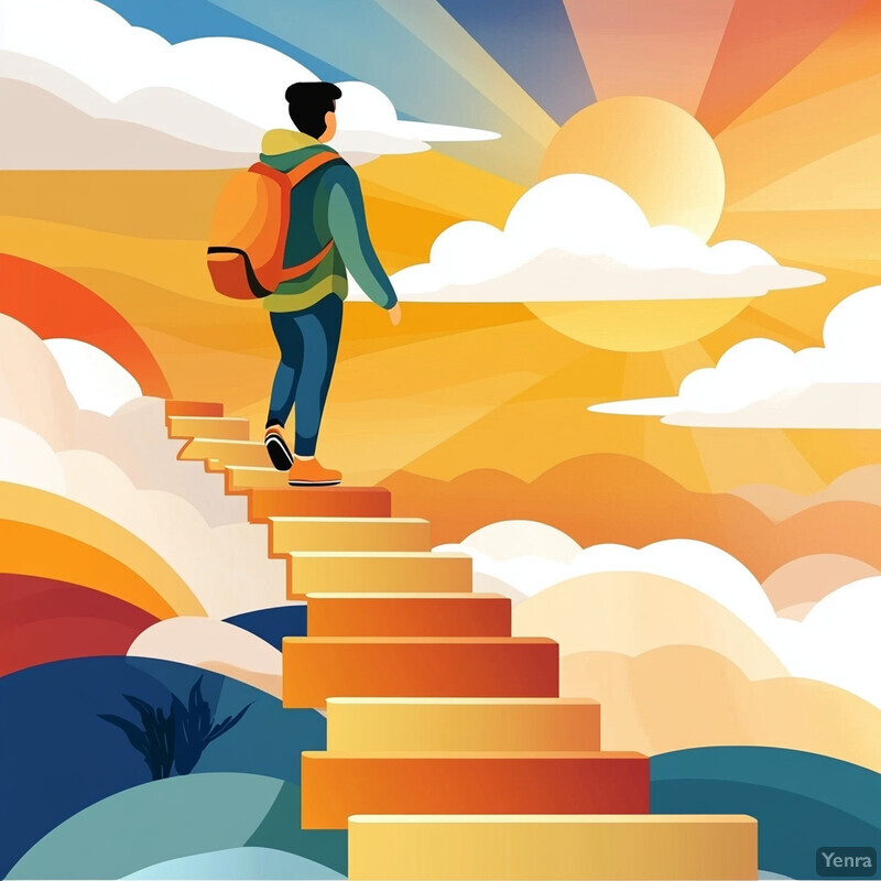 A man climbs a staircase set against a vibrant and imaginative backdrop.