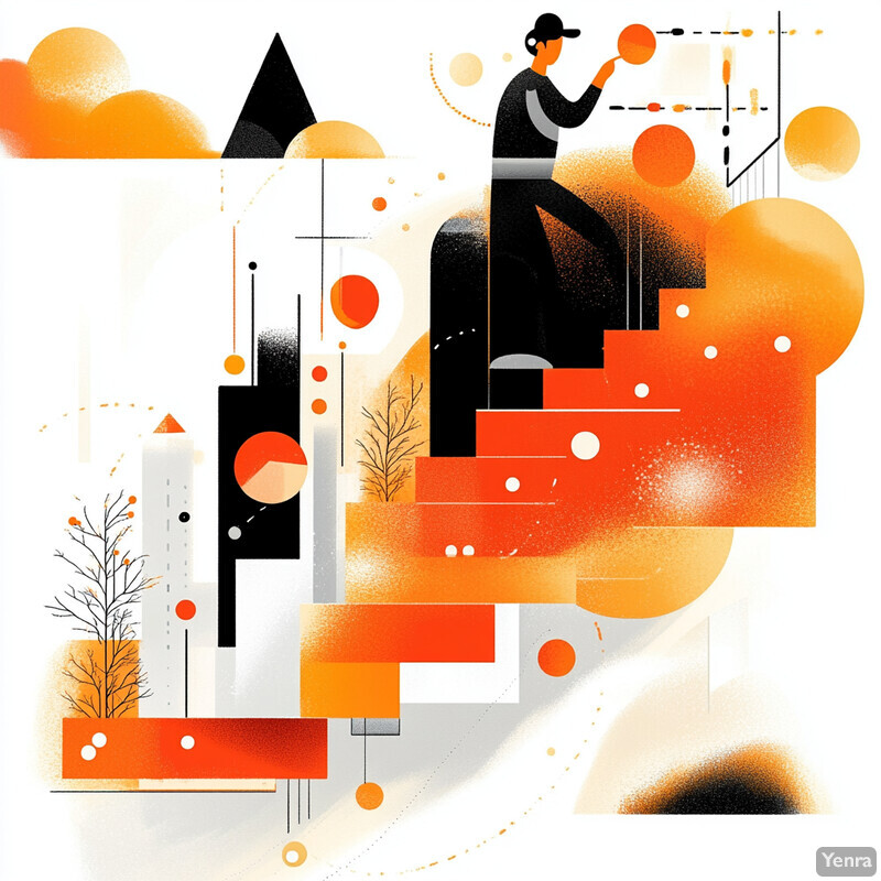 An abstract image of a person engaging in physical activity, surrounded by geometric shapes and lines.