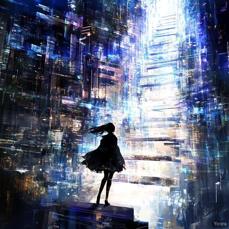 A young girl stands in front of an abstract cityscape background.