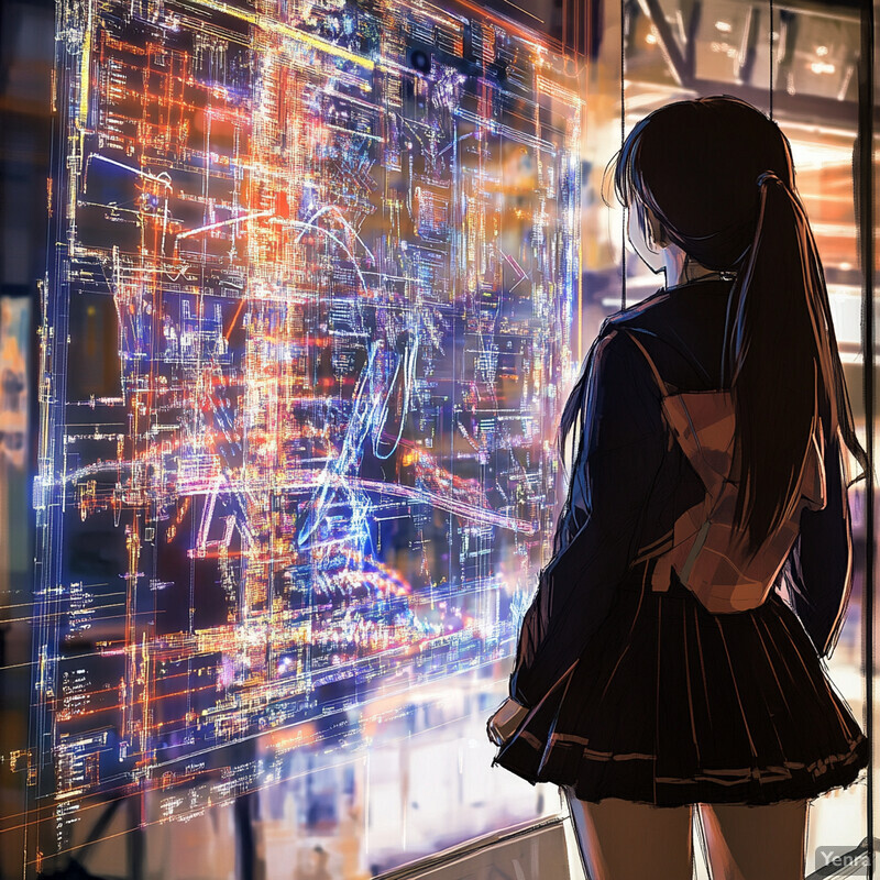 Anime-style girl in front of a large window or screen displaying an abstract digital artwork.