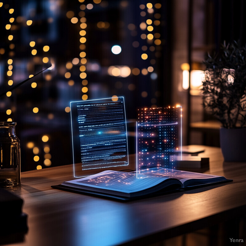 An open book with glowing screens hovering above it on a wooden desk in front of a city view at night.