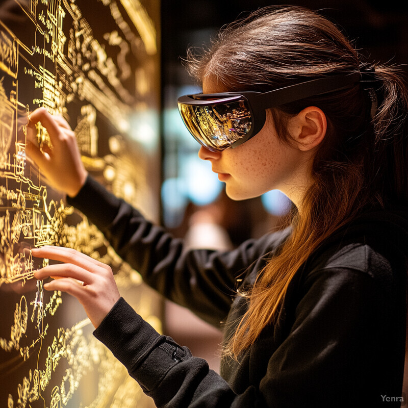 A woman in black glasses and shirt examines an illuminated wall with yellow lines and symbols.