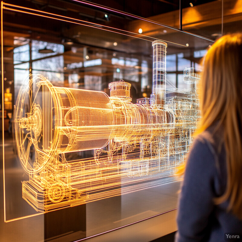 A woman stands in front of a large glass case containing an illuminated machine with various components.