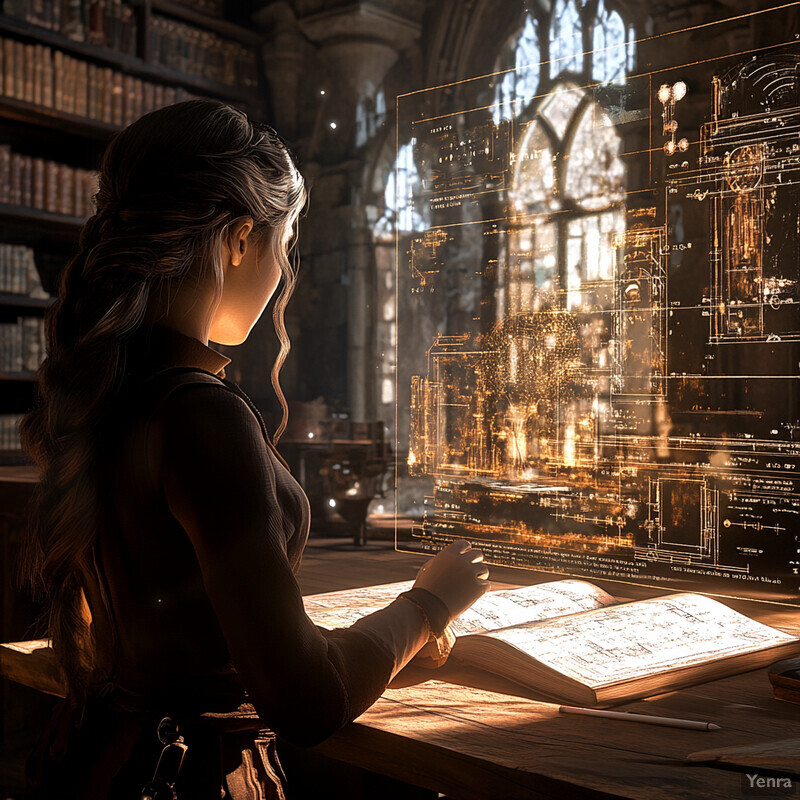 A young woman is engrossed in an open book, surrounded by a soft, warm light emanating from the window behind her.