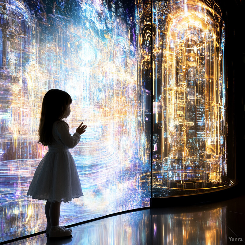 A young girl interacts with a large, curved screen displaying an abstract design.