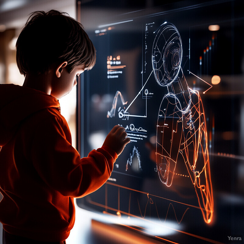 A young boy is studying a large screen displaying technical data and graphs in a learning environment.