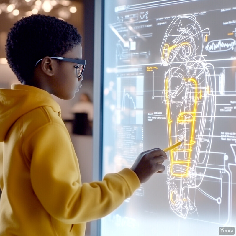 A young boy examines a large screen displaying technical drawings in an educational or professional setting.