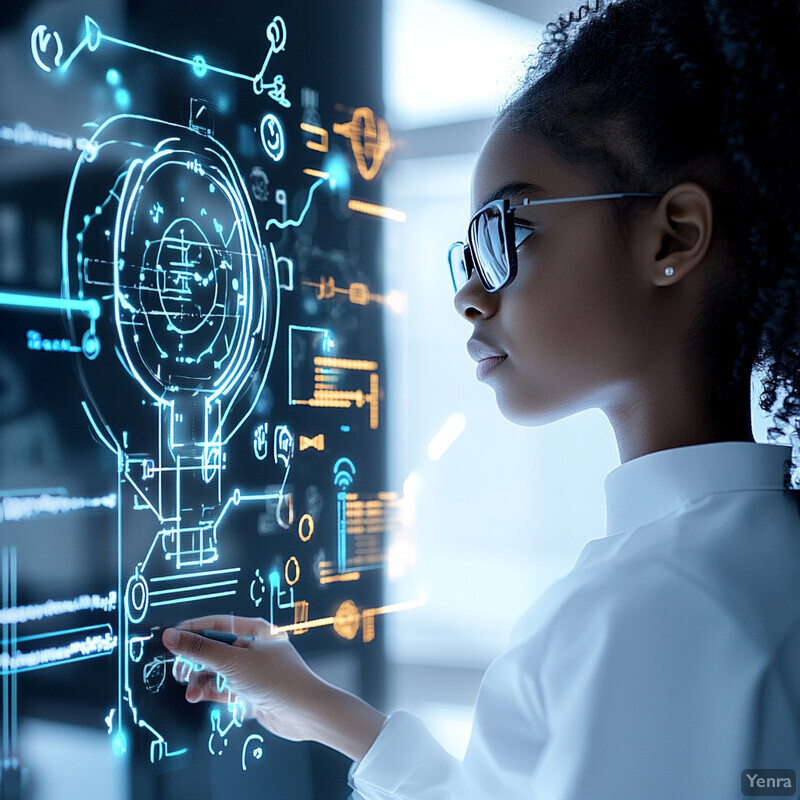 A woman in a lab coat examines a large screen displaying AI-related diagrams and graphs.