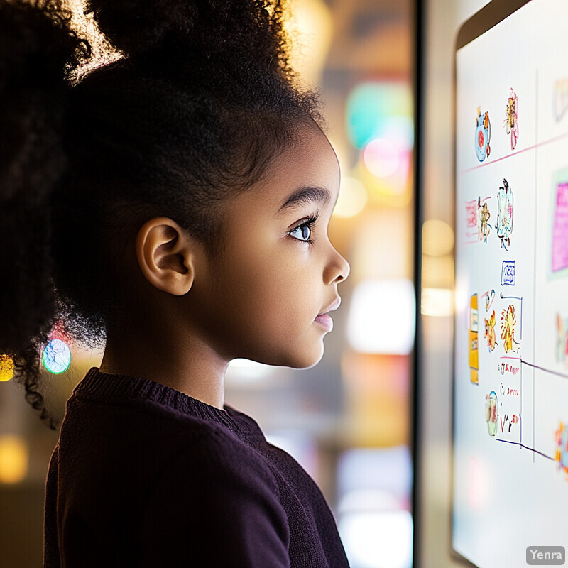 A young girl with dark skin looks at a whiteboard covered in colorful drawings and writing.