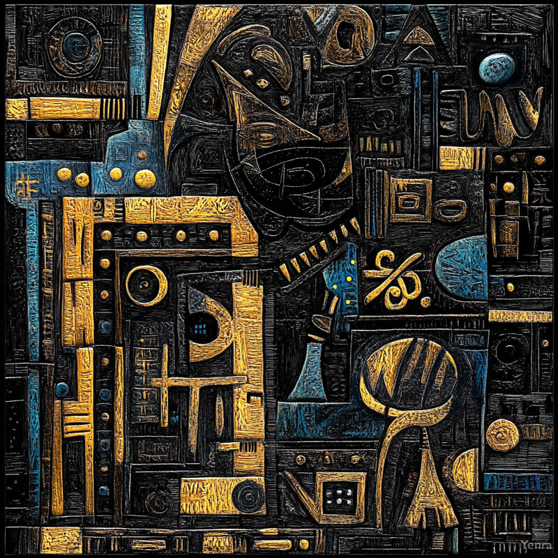 An abstract composition of various shapes and lines in shades of black, blue, and yellow.