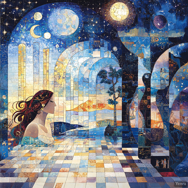 A mosaic artwork featuring a woman surrounded by celestial objects in a serene and peaceful setting.