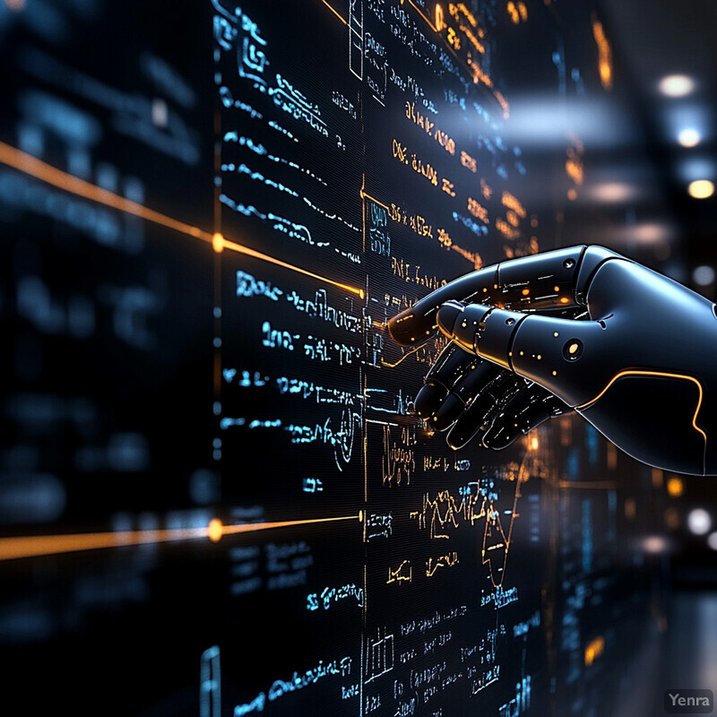 A robotic hand interacts with a large screen displaying lines of code and data-driven graphs in a high-tech setting.