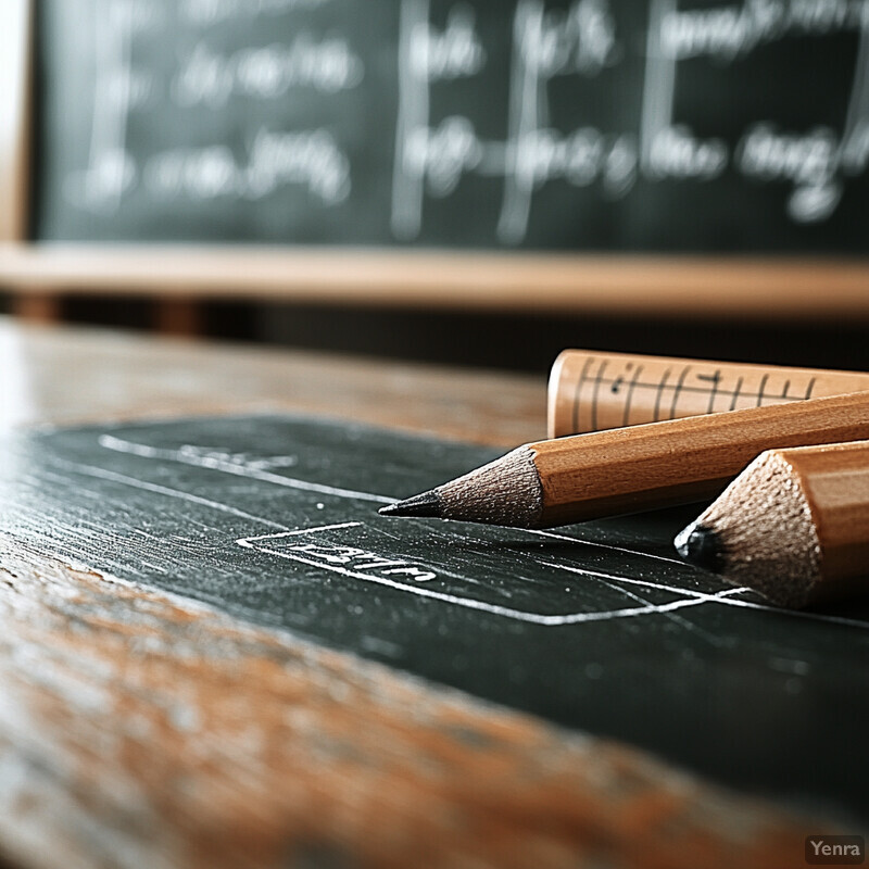 Two pencils and a ruler on top of a chalkboard with blurred mathematical equations in the background.